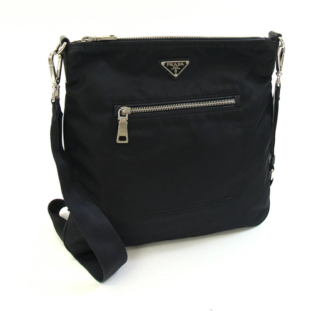 Prada Shoulder Bag Black Leather Gusset Crossbody Flat Handbag